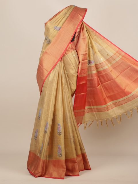 

Pothys Cream-Coloured & Orange Silk Cotton Embroidered Saree