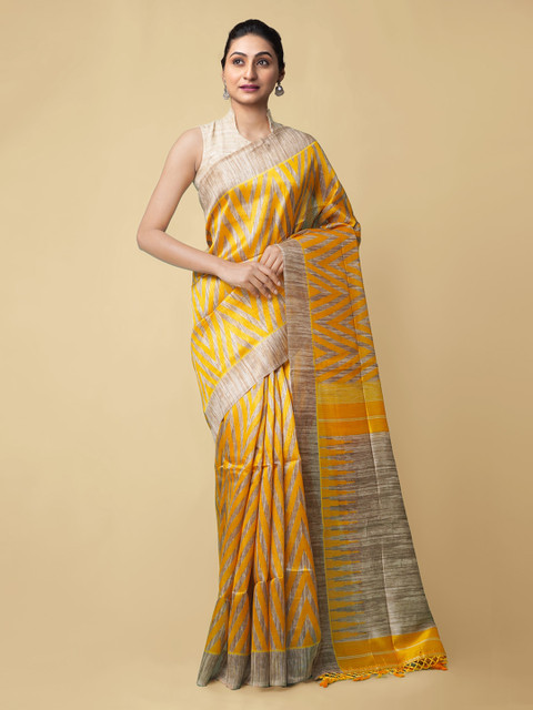 

Unnati Silks Yellow Linen Blend Striped Jamdani Saree