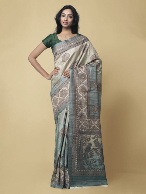 

Unnati Silks Green Pure Silk Printed Block Print Saree