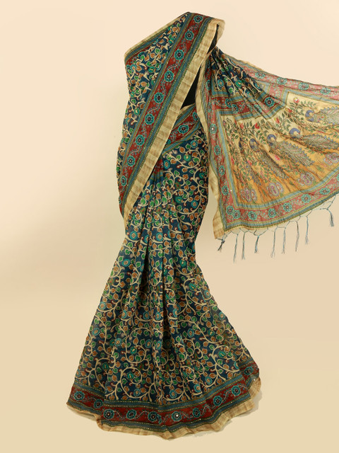 

Pothys Blue & Cream-Coloured Cotton Blend Printed Saree