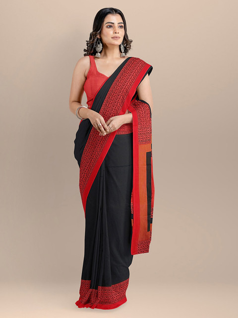 

BharatSthali Black Pure Cotton Solid Block Print Saree