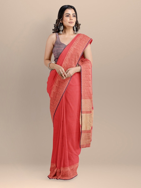 

BharatSthali Red Pure Cotton Solid Maheshwari Saree