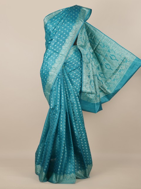 

Pothys Blue & Gold-Toned Pure Silk Woven Design Tussar Saree