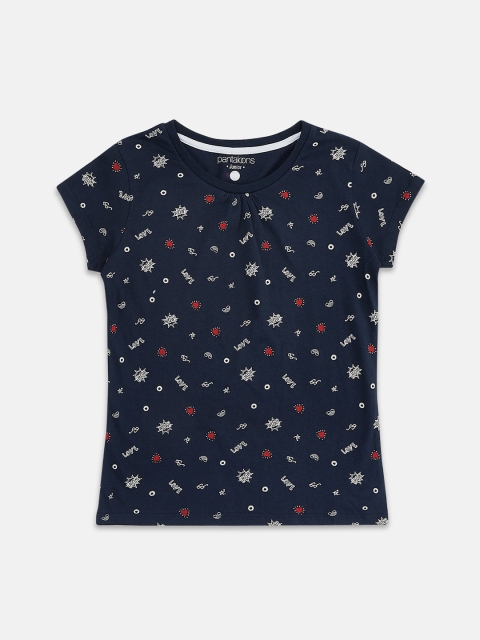 

Pantaloons Junior Girls Navy Blue Printed Round Neck Pure Cotton T-shirt