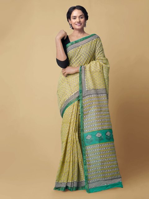 

Unnati Silks Women Yellow Pure Bagru Printed Mulmul Cotton Saree