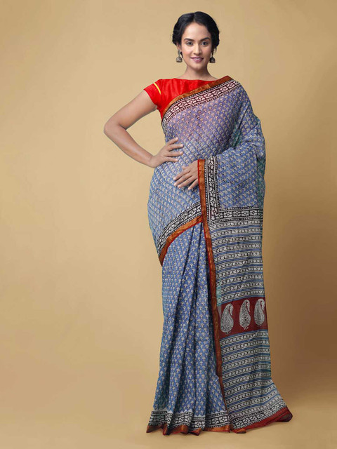 

Unnati Silks Blue Printed Bagru Print Sustainable Saree