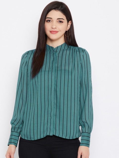 

PURYS Women Teal Green & Black Regular Fit Striped Casual Shirt