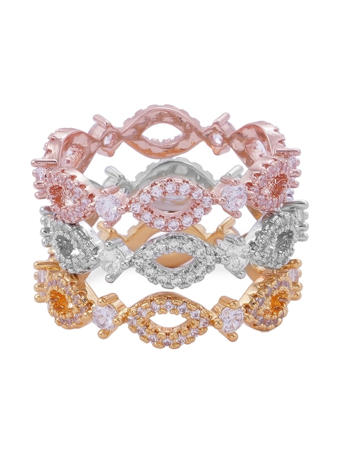 

shaze Set Of 3 CZ-Studded Finger Ring, Rose gold