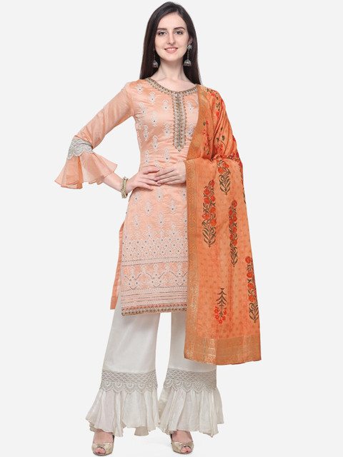 

Stylee LIFESTYLE Peach-Coloured & White Silk Blend Semi-Stitched Dress Material