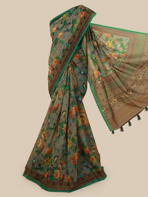 

Pothys Grey & Green Cotton Blend Printed Saree