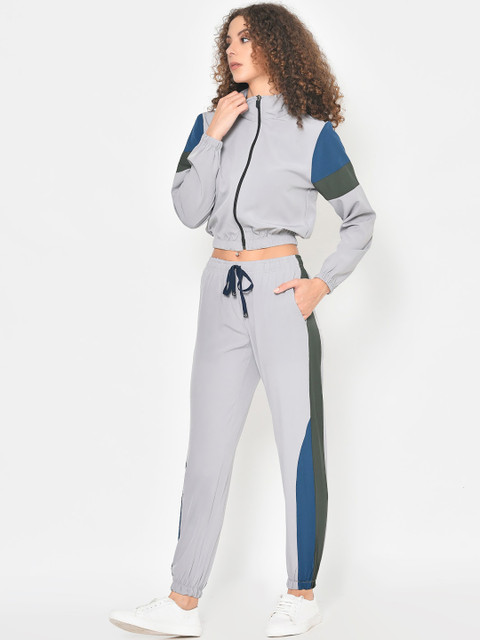 

American-Elm Women Grey & Blue Solid Tracksuit