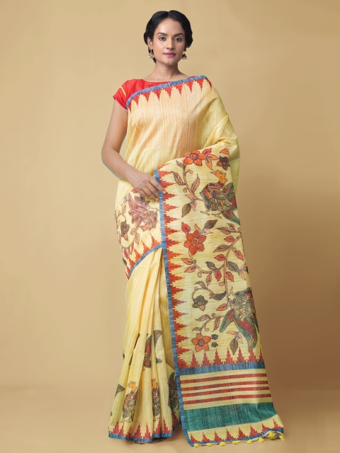 

Unnati Silks Yellow Silk Cotton Printed Chanderi Saree