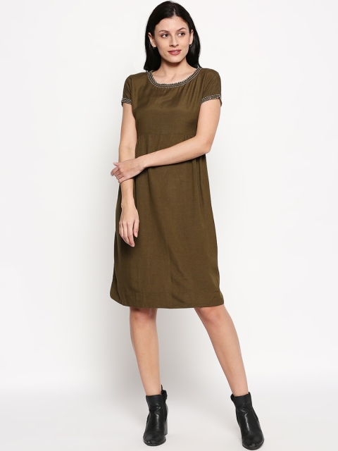 

People Women Olive Green Solid A-Line Dress