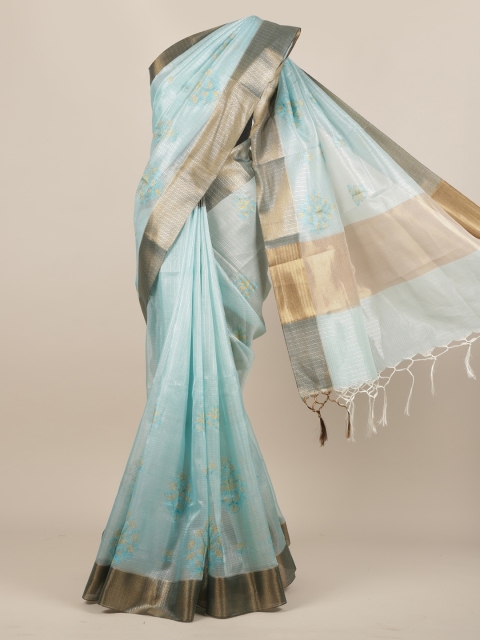 

Pothys Turquoise Blue Embroidered Silk Cotton Saree With Tasseled Pallu