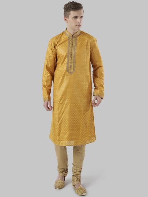 

Ethnix By Raymond Men Yellow Woven Design Straight Kurta