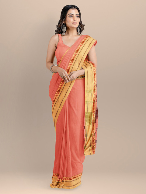 

BharatSthali Peach-Coloured Silk Cotton Solid Maheshwari Handloom Saree