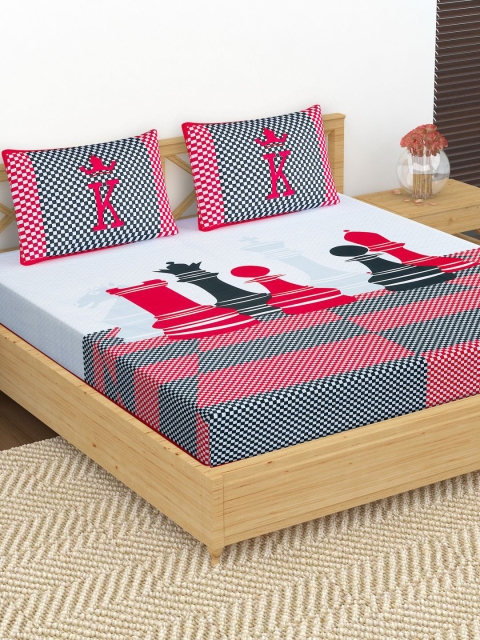

METRO LIVING White & Red Conversational 104 TC Cotton 1 Queen Bedsheet with 2 Pillow Covers