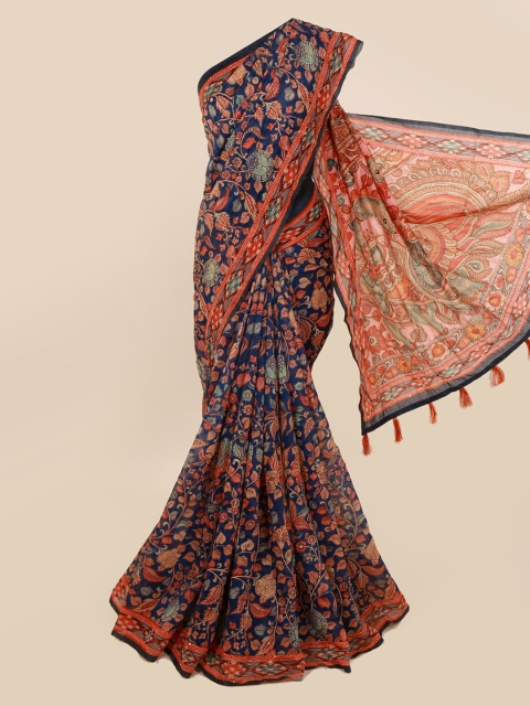 

Pothys Navy Blue & Orange Cotton Blend Printed Chanderi Saree