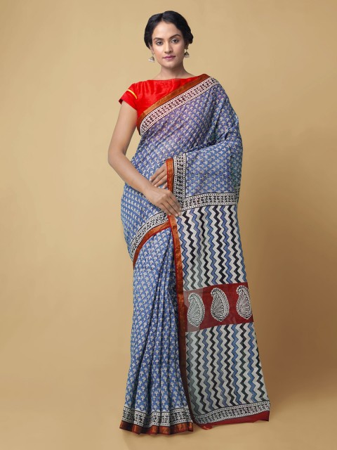 

Unnati Silks Women Blue Pure Bagru Printed Mulmul Cotton Saree