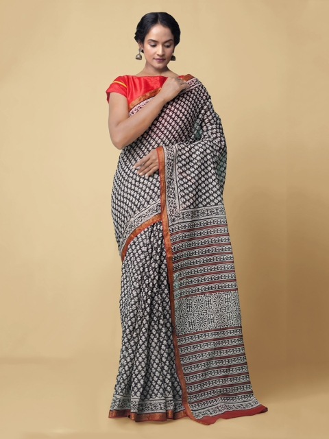 

Unnati Silks Women Black & White Pure Bagru Printed Mulmul Cotton Saree