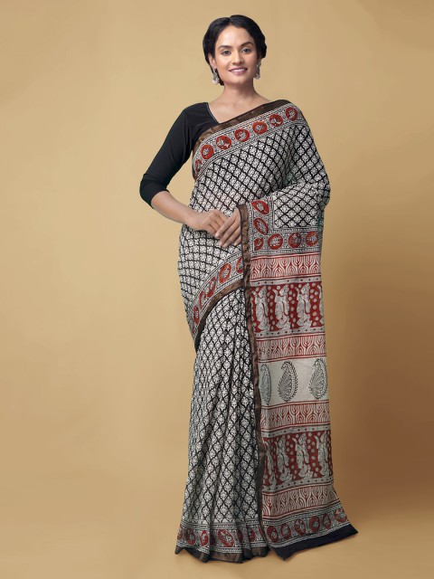 Unnati Silks Women Black Pure Bagru Printed Mulmul Cotton Saree