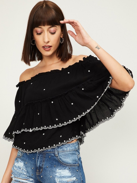 

Ginger By Lifestyle Black Embellished Off-shoulder Cape Sleeves Bardot Top