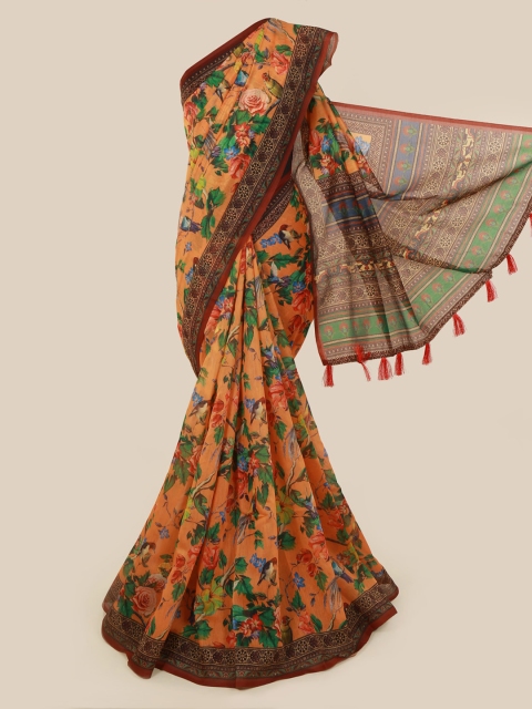 

Pothys Orange & Green Cotton Blend Printed Chanderi Saree