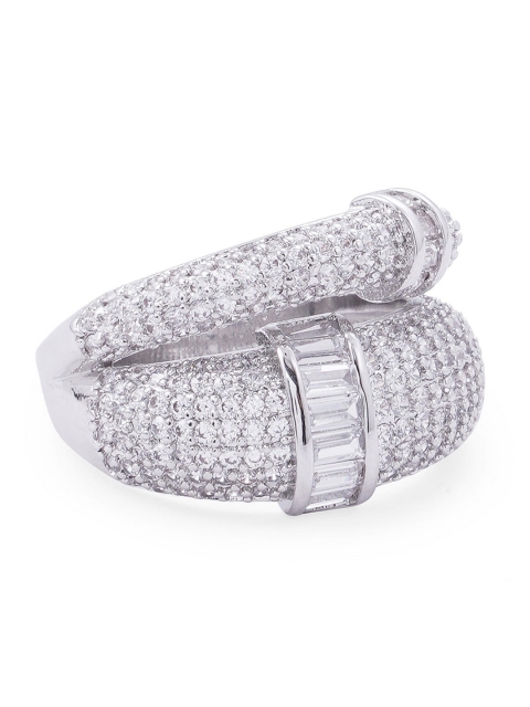 

shaze Silver-Toned White CZ Stone-Studded Encrusted Pave Finger Ring