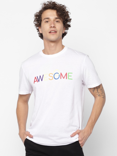 

FOREVER 21 Men White & Yellow Printed Round Neck T-shirt