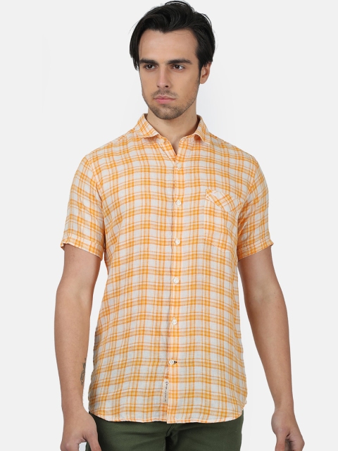 

Monte Carlo Men Orange Regular Fit Checked Linen Casual Shirt