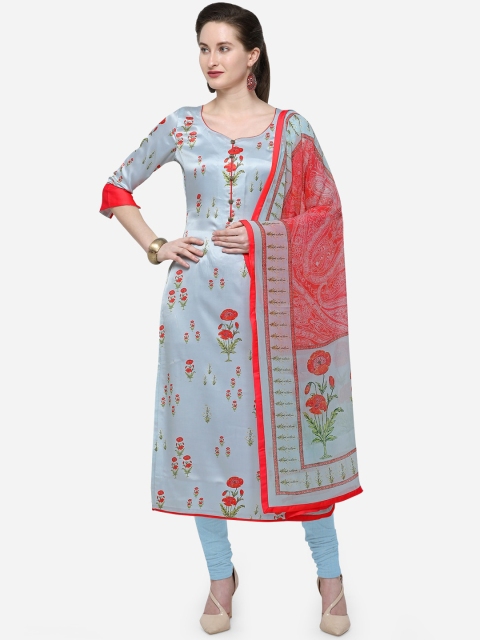 

Stylee LIFESTYLE Blue & Red Satin Unstitched Dress Material