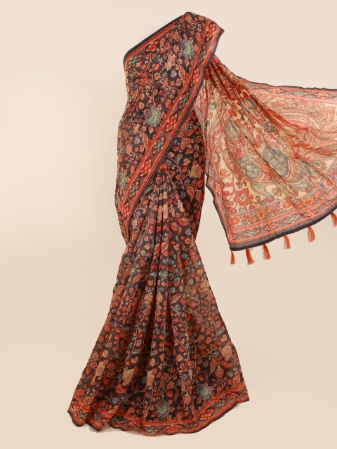 

Pothys Charcoal & Red Cotton Blend Printed Chanderi Saree