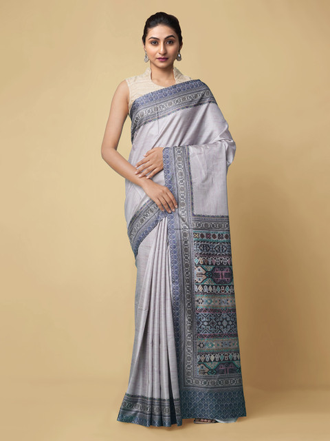 

Unnati Silks Grey Pure Silk Solid Handloom Block Print Saree