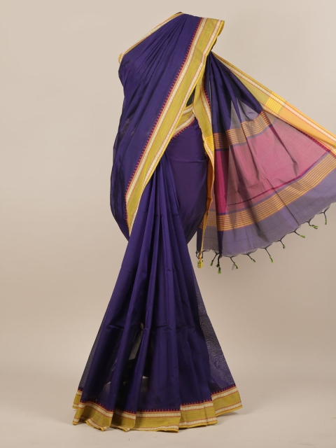 

Pothys Navy Blue & Yellow Silk Cotton Solid Saree