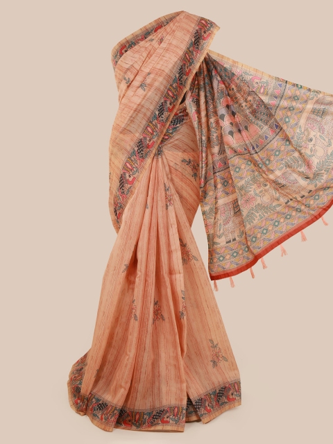 

Pothys Peach-Coloured & Blue Cotton Blend Printed Saree