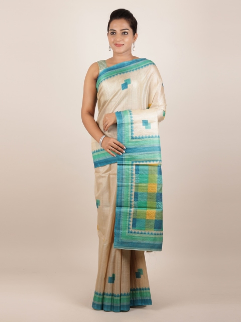

Pothys Cream-Coloured Pure Silk Checked Tussar Saree