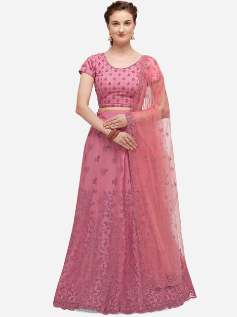 

NAKKASHI Pink & Gunmetal-Toned Embroidered Semi-Stitched Lehenga & Blouse with Dupatta