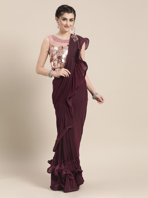 

Chhabra 555 Purple Solid Poly Georgette Ruffled Pre-stitched Saree