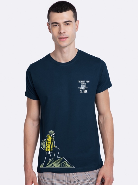 

Bewakoof Men Navy Blue & Yellow Printed Round Neck Pure Cotton T-shirt