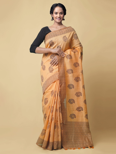 

Unnati Silks Orange Pure Silk Printed Handloom Block Print Saree