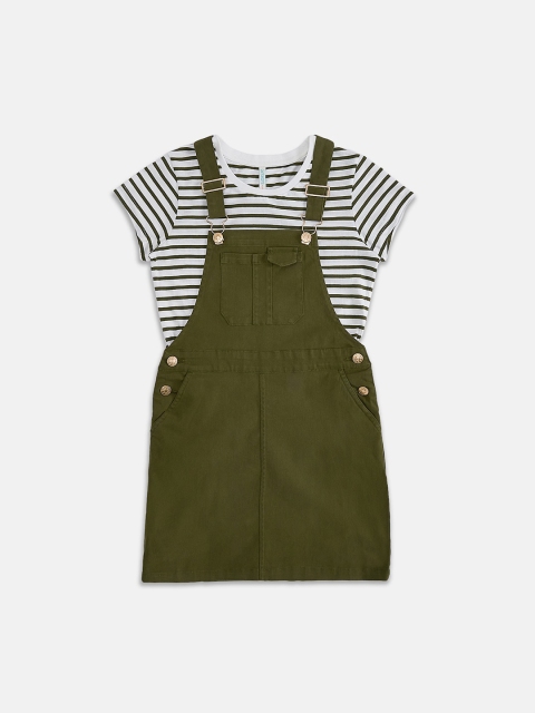 

Pantaloons Junior Girls Olive Green Solid Pinafore Dress With T-shirt