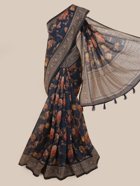 

Pothys Navy Blue & Pink Cotton Blend Printed Saree