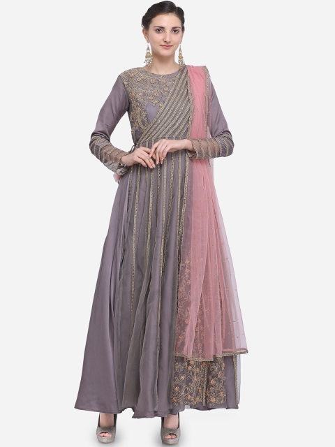 

Stylee LIFESTYLE Grey & Pink Net Semi-Stitched Dress Material