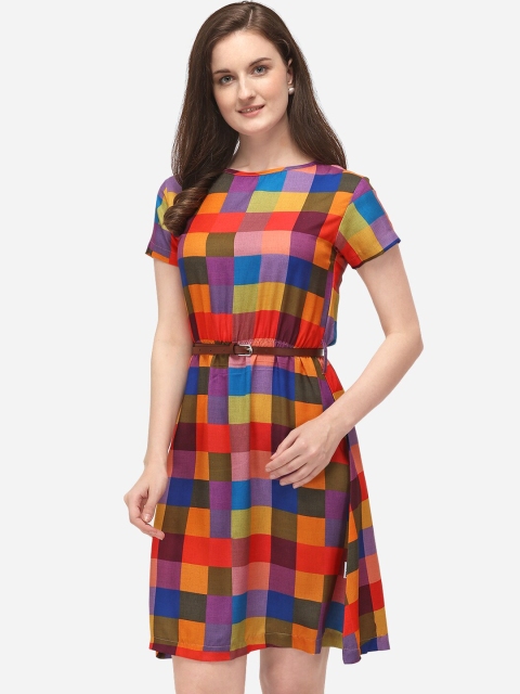 

Yuvraah Women Multicoloured Checked A-Line Dress With Belt, Multi