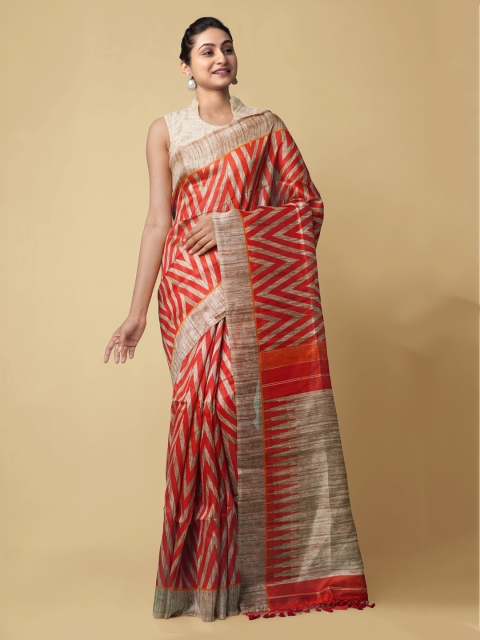 

Unnati Silks Brown Linen Blend Printed Handloom Jamdani Saree