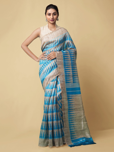 

Unnati Silks Brown & Blue Linen Blend Printed Jamdani Saree