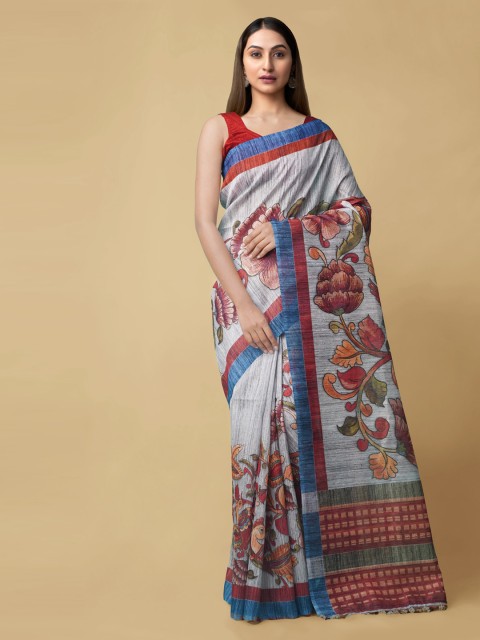 

Unnati Silks Grey & Blue Silk Cotton Kalamkari Printed Handloom Chanderi Saree