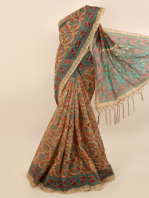 

Pothys Mustard Yellow & Red Cotton Blend Printed Chanderi Saree