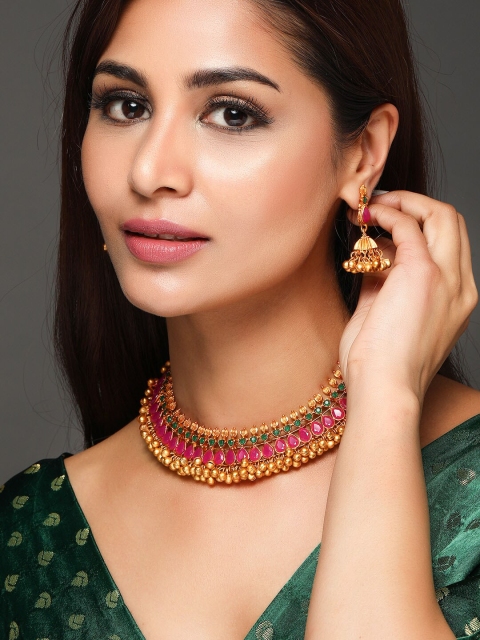 

Rubans 24K Gold-Plated Red & Green Stone-Studded & Beaded Handcrafted Jewellery Set