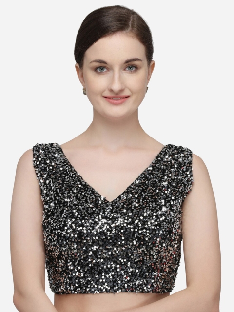 

Fab Dadu Women Black & Silver-Coloured Sequin Embellished Velvet Saree Blouse